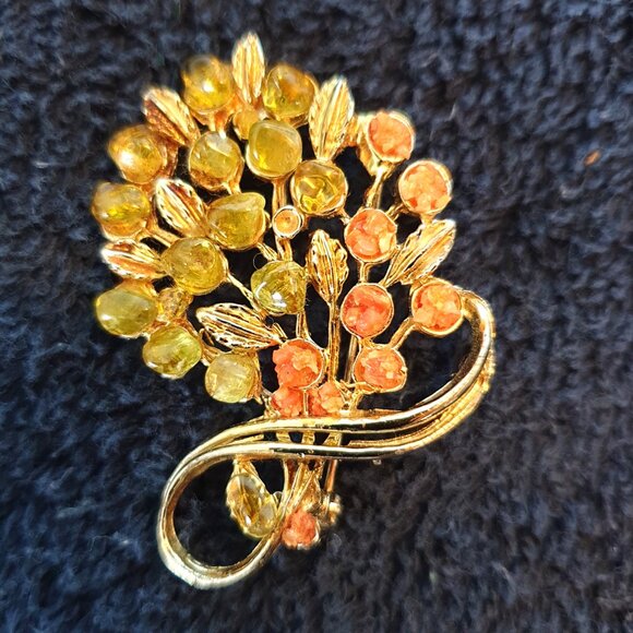 Vintage Retro Amber Gold-Tone Bouquet Floral Statement Brooch - Picture 6 of 9